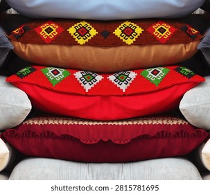 Stack Of Decorative Ethnic Throw Pillows Outside Home Decor Store