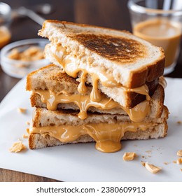 Stack of delicious messy peanut butter sandwiches on a plate