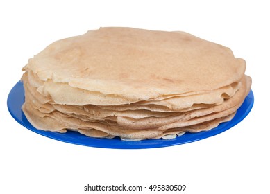 Stack of delicious pancakes on blue plate isolated by white background.