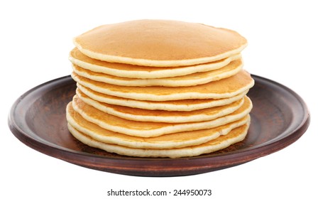 Stack Of Delicious Pancakes On Plate Isolated On White