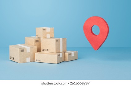 Stack of Delivery Boxes and Red Location Pin on Blue Background