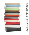 Stack of different books on white background