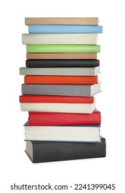 Stack of different books on white background