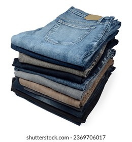 Stack of Different Colors Jeans Isolated On White Background. Folded Jeans.