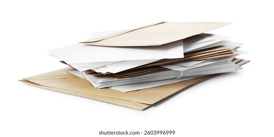 Stack of different paper envelopes on white background. Post office