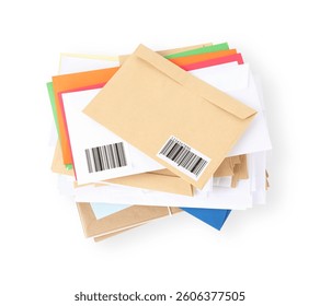 Stack of different paper envelopes on white background, top view. Post office