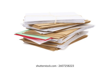 Stack of different paper envelopes on white background. Post office