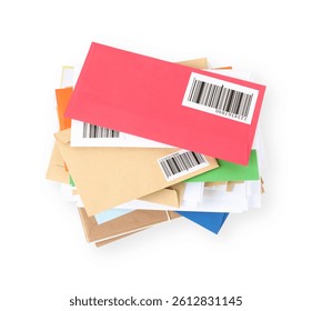 Stack of different paper envelopes on white background, top view. Post office