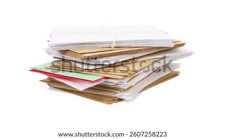 Stack of different paper envelopes on white background. Post office