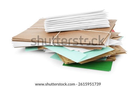 Stack of different paper envelopes on white background. Post office
