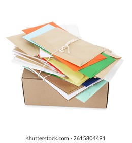 Stack of different paper envelopes and parcel on white background. Post office