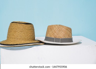 Straw Hats On Wooden Stock Photo 