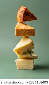 A stack of different types of seasoned cheese like manchego, camembert, cheddar, blue cheese and brie over an olive green background