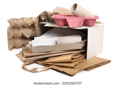 Stack of different waste paper on white background