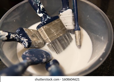 Stack of dirty blue paint brushes in a clean bowl full of paint coloured water. 