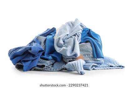 Stack of dirty clothes on white background