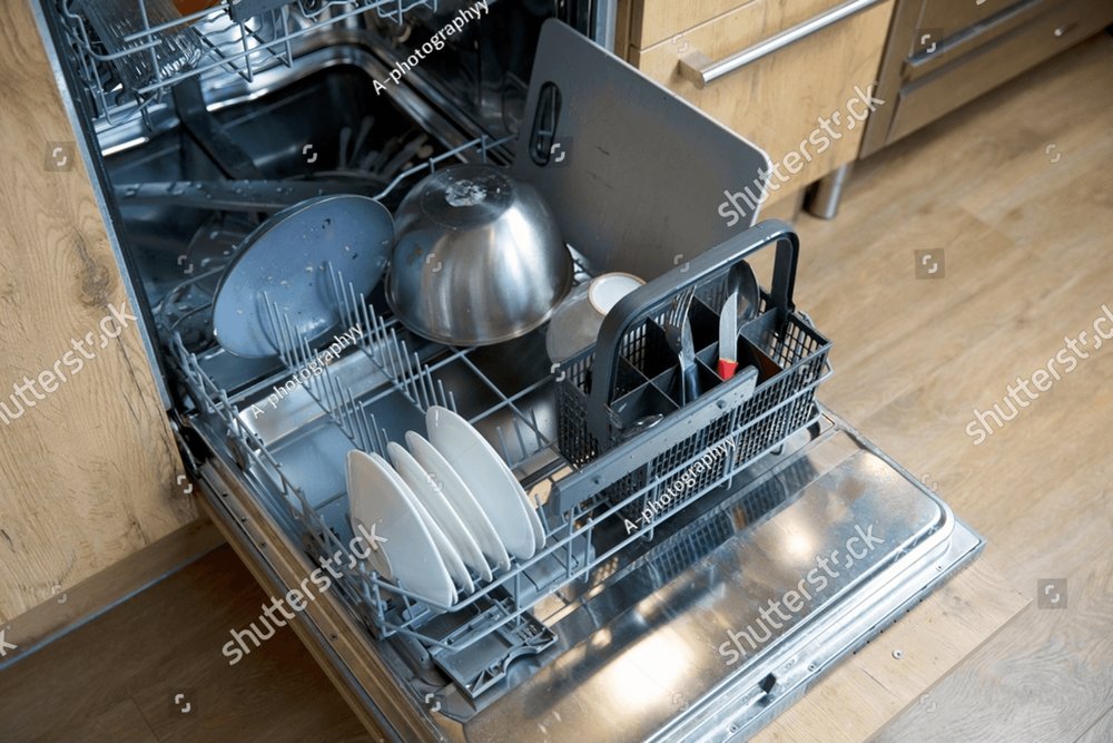 Stack of dirty dishes in dishwasher needs to be cleaned, open door with ...