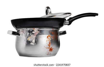 Stack of dirty kitchenware on white background - Shutterstock ID 2241970837