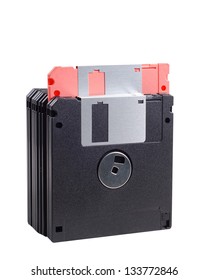 stack of diskettes and one pink stand up ,isolate on white background