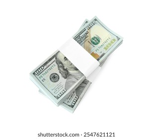 Stack of dollar banknotes isolated on white, top view