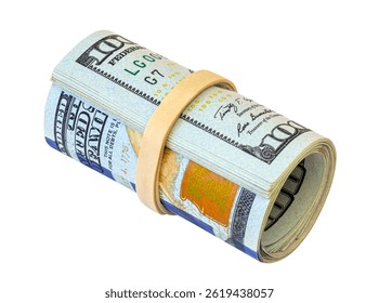 Stack of dollar banknotes tied with elastic band isolated on white. Money concept