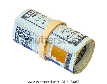 Stack of dollar banknotes tied with elastic band isolated on white. Money concept