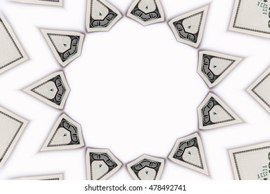 stack of dollar bills lying on a white background