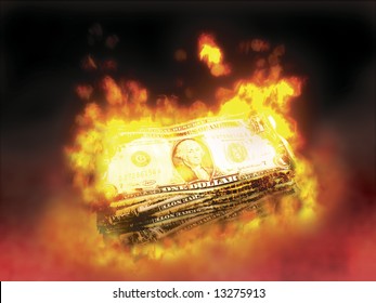 Stack Of Dollar Bills On Fire