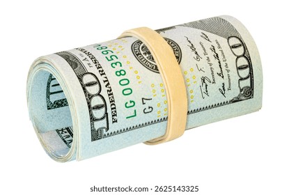 Stack of dollars banknotes tied with elastic band isolated on white. Money concept