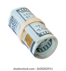 Stack of dollars banknotes tied with elastic band isolated. Money concept