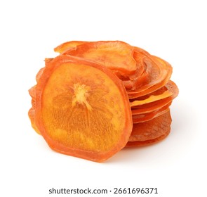 Stack of dried slices of persimmon fruit isolated on white