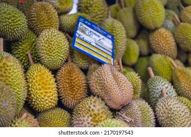 A Stack Of Durians At A Fresh Market In The Malaysian Capital Of Kuala Lumpur. The Strong Smelling Fruit With Its Prickly Skin And Yellow Pulp. Durian Traditionally Comes From Malaysia Or Indonesia