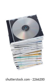 Stack of dvd's and cd's over a white background