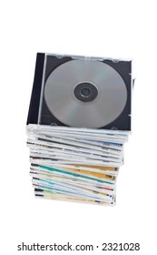 Stack of dvds and cds over a white background