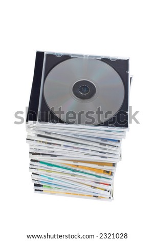 Stack of dvds and cds over a white background