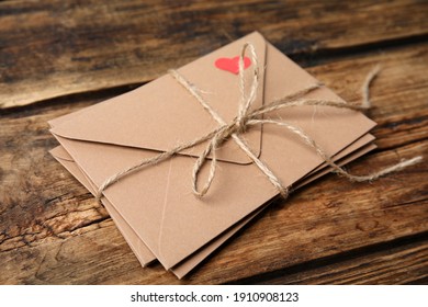 Stack Of Envelopes On Wooden Table. Love Letters