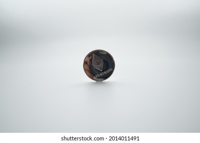 Stack of ether coins or ethereum on white background. Isolate white