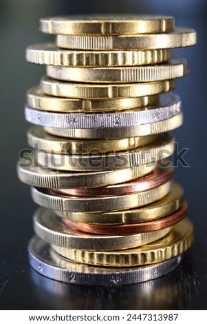 A stack of euro coins in denominations of 5, 10, 20, 50 euro cents and 1, 2 euros. Vertical photo close up.