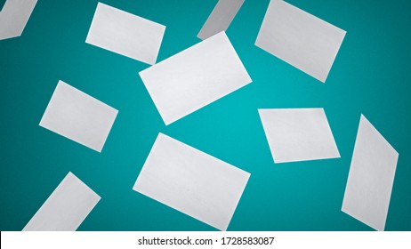 Stack Of Falling Blank White Business Cards Mock-up On Blue Background. Isolated With Clipping Path.