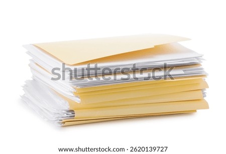 Stack of file folders with papers isolated on white