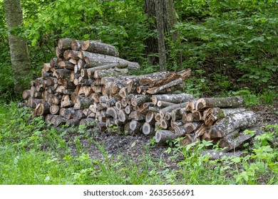 Stack of Firewood in Forest – Cut and Split Logs Neatly Piled in a Green Woodland Clearing in Summer