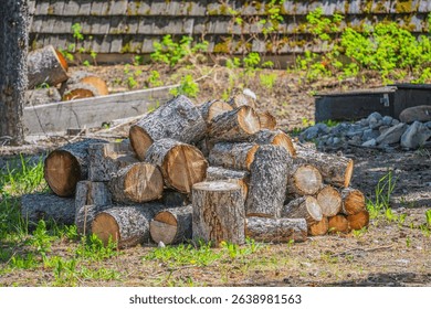 Stack of firewood in front of a house