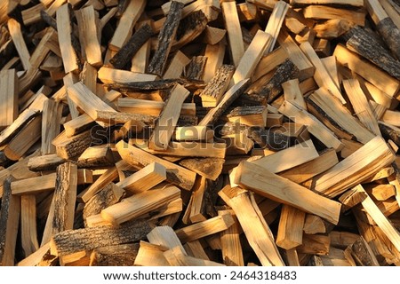 A stack of firewood with a hand chopping block. Chopped firewood for the winter. A lot of firewood - harvesting wood for heating the house. Horizontal photo. Chopped firewood backgrounds and textures