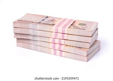 Stack of five hundred thousand thai baht banknote money isolated on white background with clipping path. - Shutterstock ID 2195359471