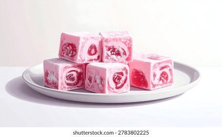 A stack of five pink rose flavored Turkish delight cubes sits on a white plate dusted with powdered sugar. The sweet treat is captured in bright studio lighting perfect for dessert concepts.