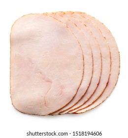 A Stack Of Five Slices Of Chicken Ham Isolated On White. Top View.