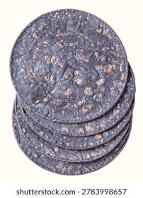 Stack of Flat Round Baked Blue Corn Mexican Tortillas Beautifully Isolated on White Background