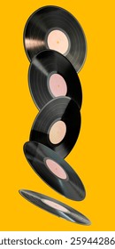 Stack of floating vinyl records on a yellow background. Concept of retro music, nostalgia, and classic audio formats. Perfect for vintage and music-themed designs