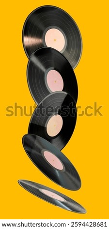 Stack of floating vinyl records on a yellow background. Concept of retro music, nostalgia, and classic audio formats. Perfect for vintage and music-themed designs