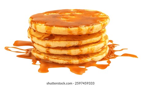 Stack of Fluffy pancakes isolated on white. Pancakes poured with honey caramel syrup or marple sauce
